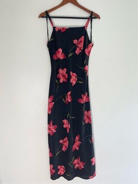 Vintage 90s Expressions Black Maxi Slip Dress with Pink Floral Print